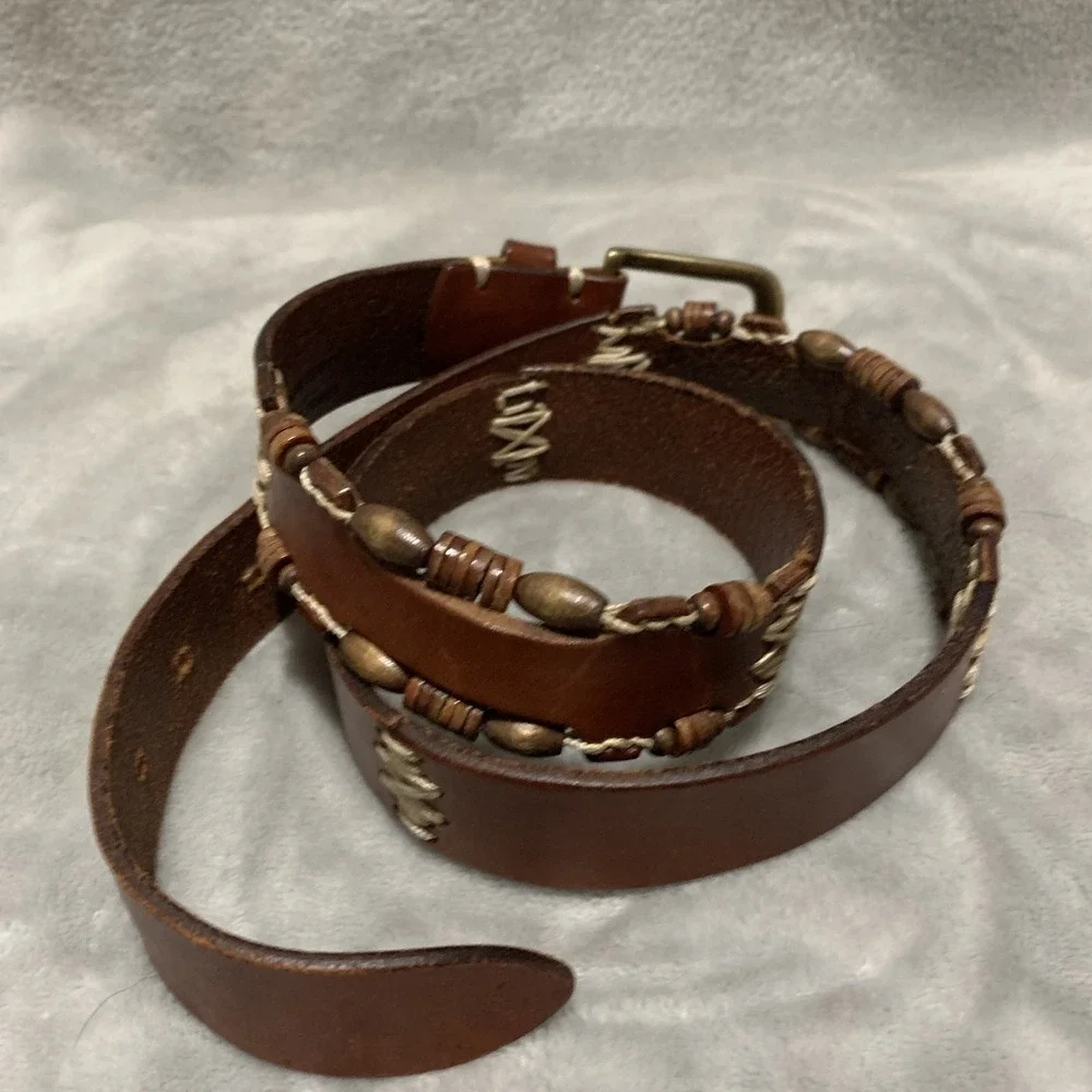 Vintage Omega Genuine Leather‎ Belt Large Brown Beaded & Stitched Made in Turkey